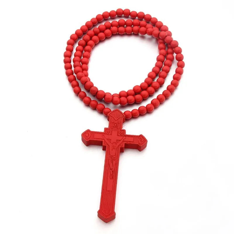 Wooden Beaded Rosary Necklace