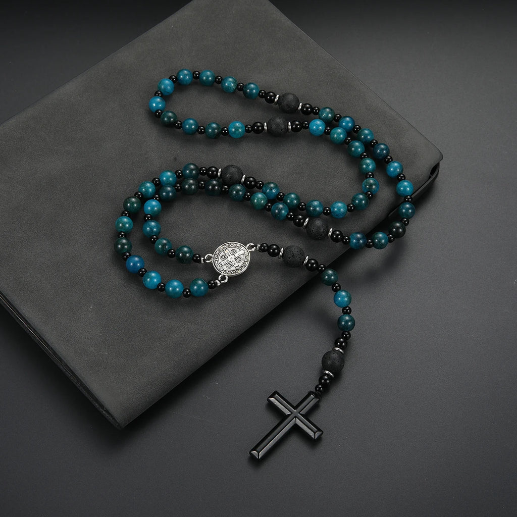 Gemstone Blue Beads Saint Benedict Cross Pendant Necklace for Men and Women