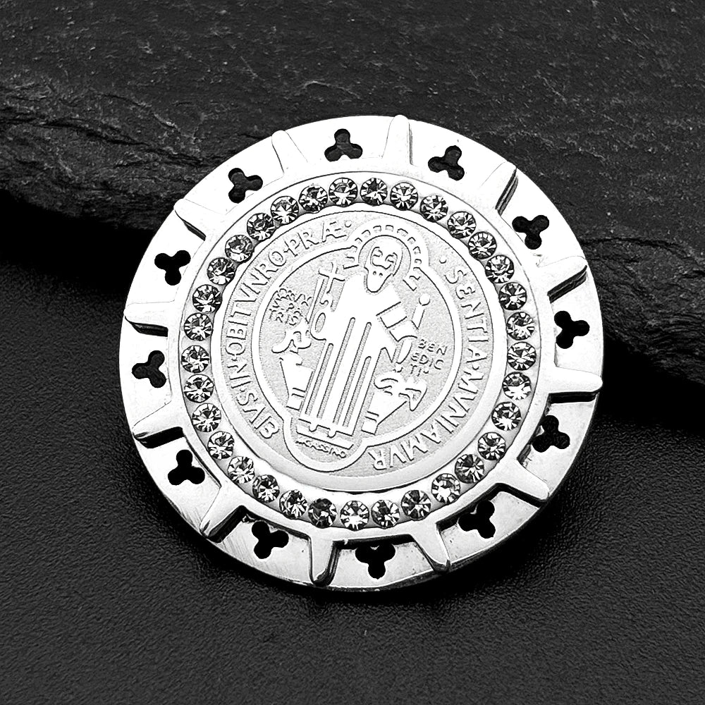 Saint Benedict Medal Brooch Pins for Women Men Stainless Steel with gold color and Rhinestones
