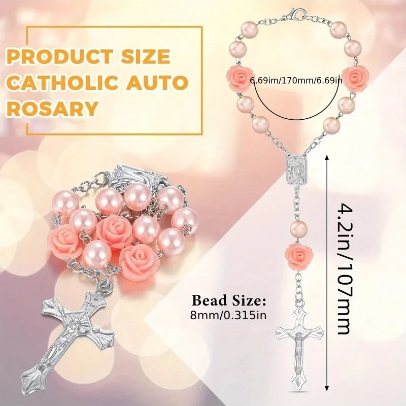 Rosary Cross Rose Prayer Beads Rearview Mirror Hanging Ornament