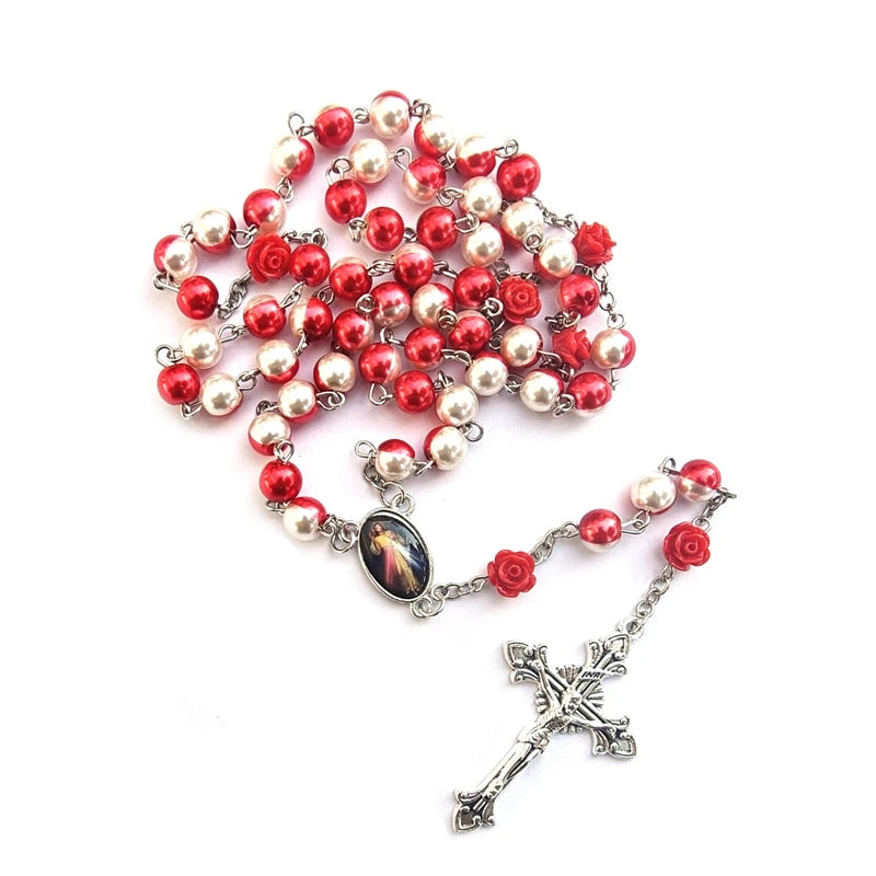 Red White Glass Pearl Cross Rosary