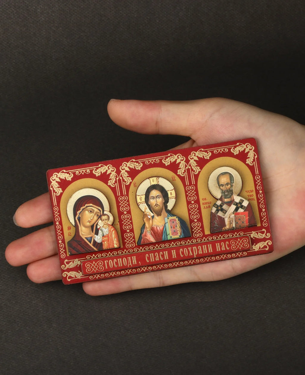 Orthodox Holy Icon Our Lady Theotokos Pantocrator Stickable Red Wood Ornament Car Wall Decor