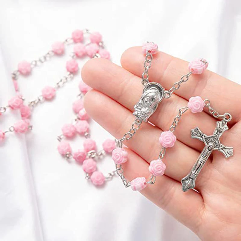First Communion Rosary Set for Girls with Pink Rose Shaped Bead Pendant Necklace