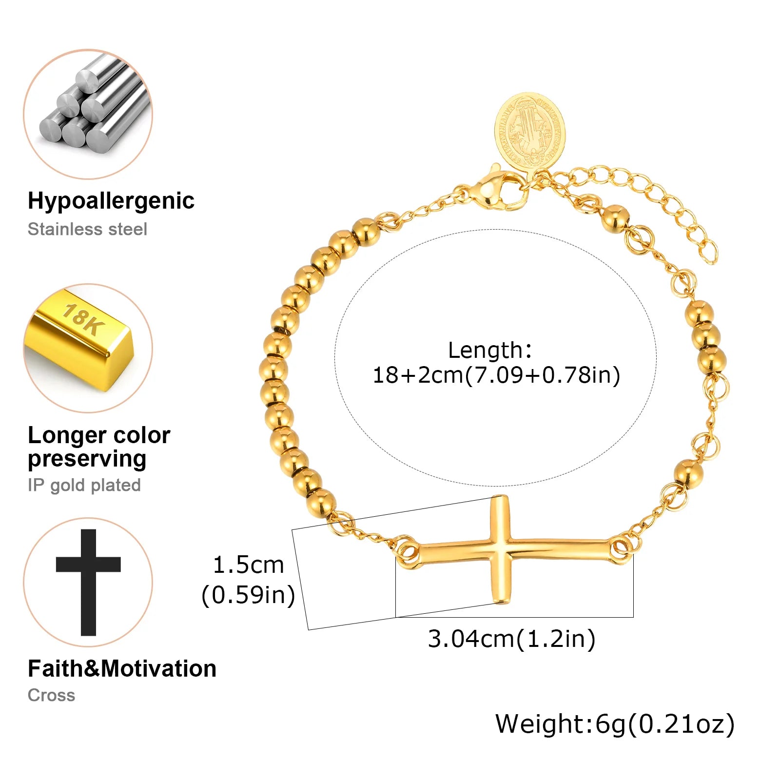Stainless Steel Rosary Virgin Mary Cross Bracelet, St Benedict Three-color Bead Chain Bracelet,