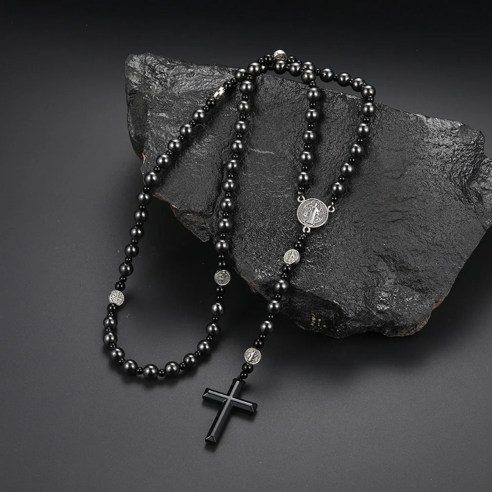 Volcanic Rock St Benedict Black Beaded Rosary for Men Or Women
