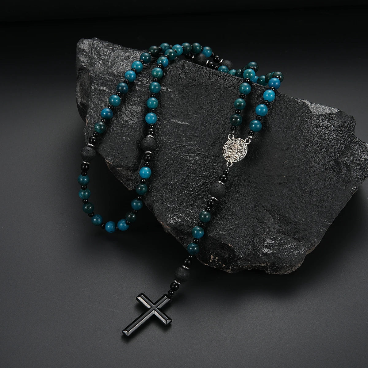 Gemstone Blue Beads Saint Benedict Cross Pendant Necklace for Men and Women