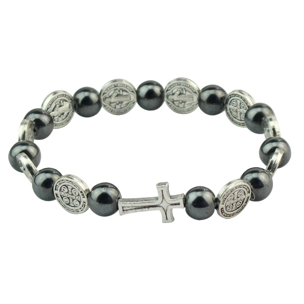 St Benedict Hematite Rosary Bracelet Elastic