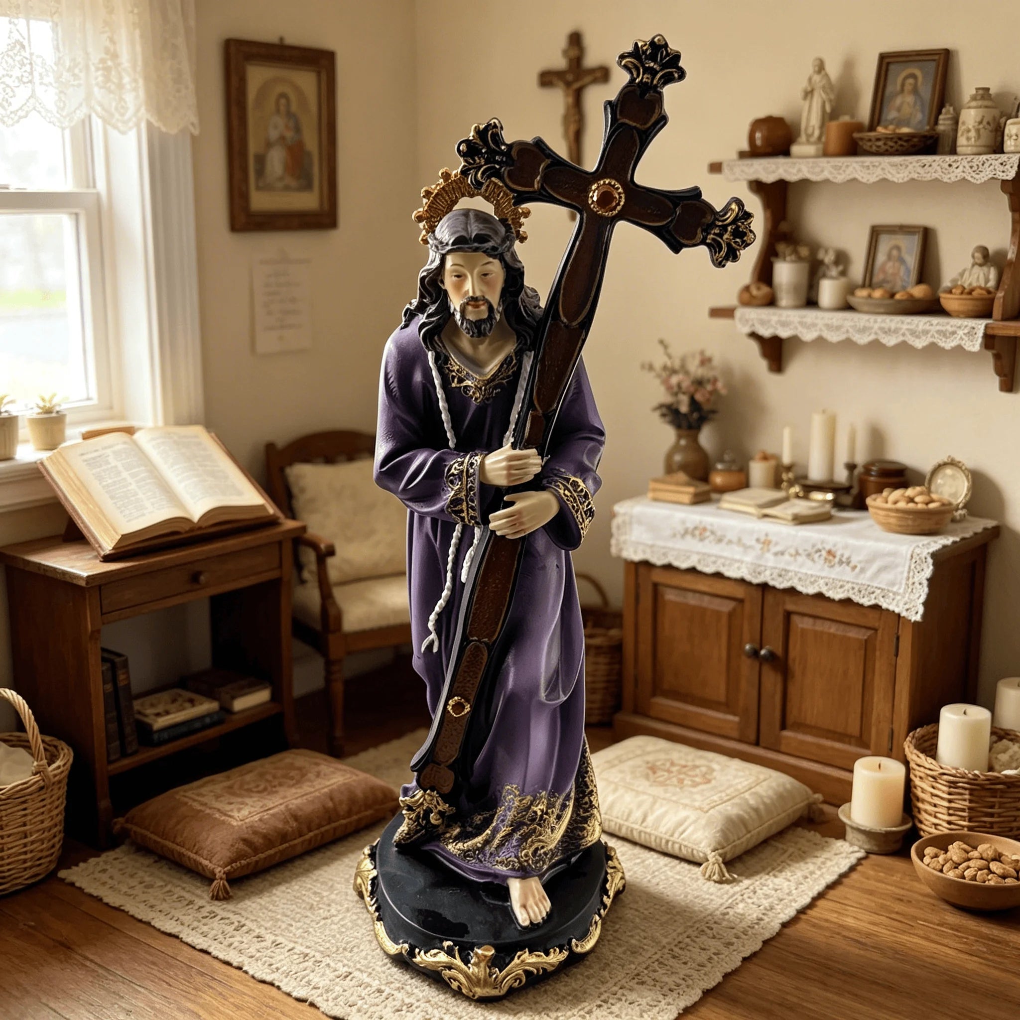 Jesus Carrying Cross Statue, Purple Robe Hand Painted Resin Decor