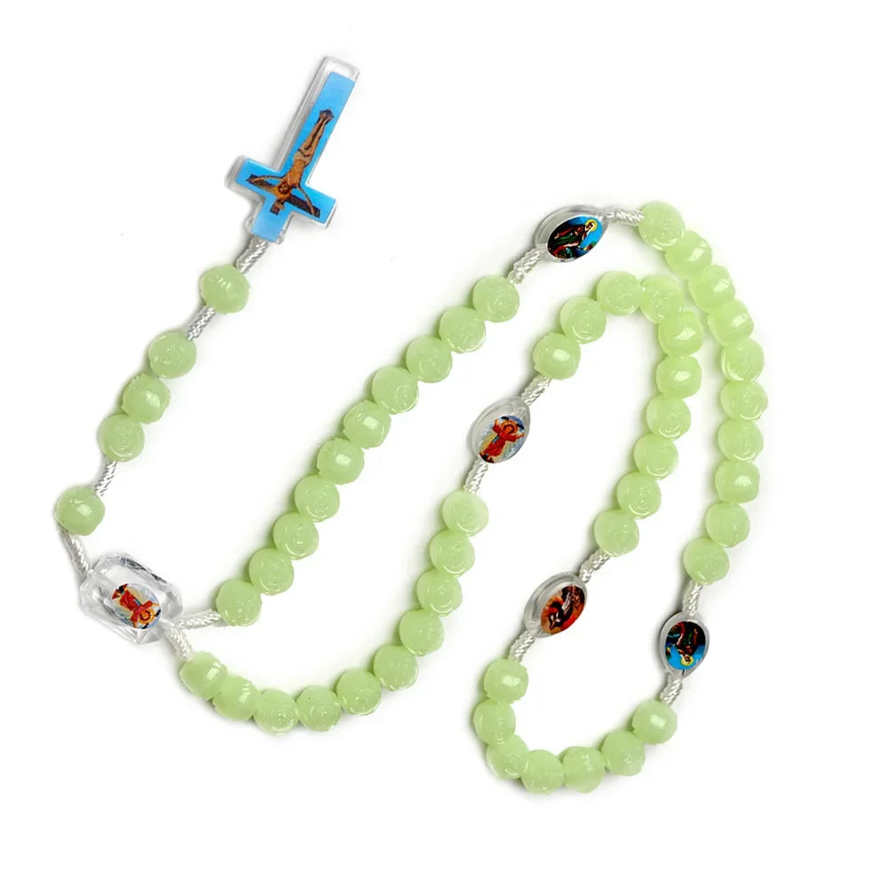 Glow in The Dark Rosary Necklace  10MM Luminous Rose Beaded Chain