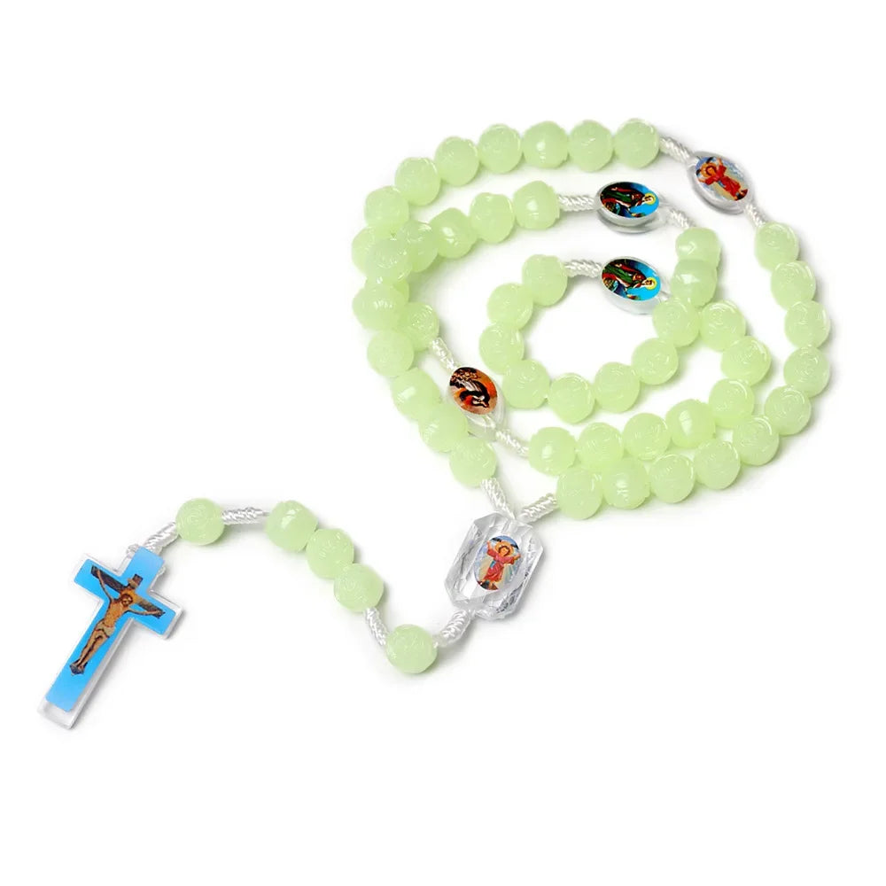 Glow in The Dark Rosary Necklace  10MM Luminous Rose Beaded Chain