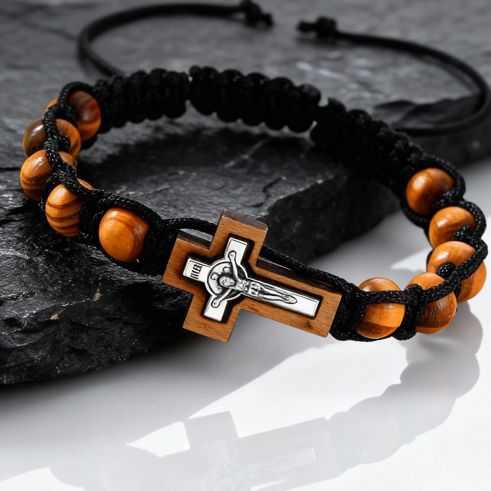 Beaded Bracelets for Men, Brown Wooden Bead Adjustable Woven Rosary
