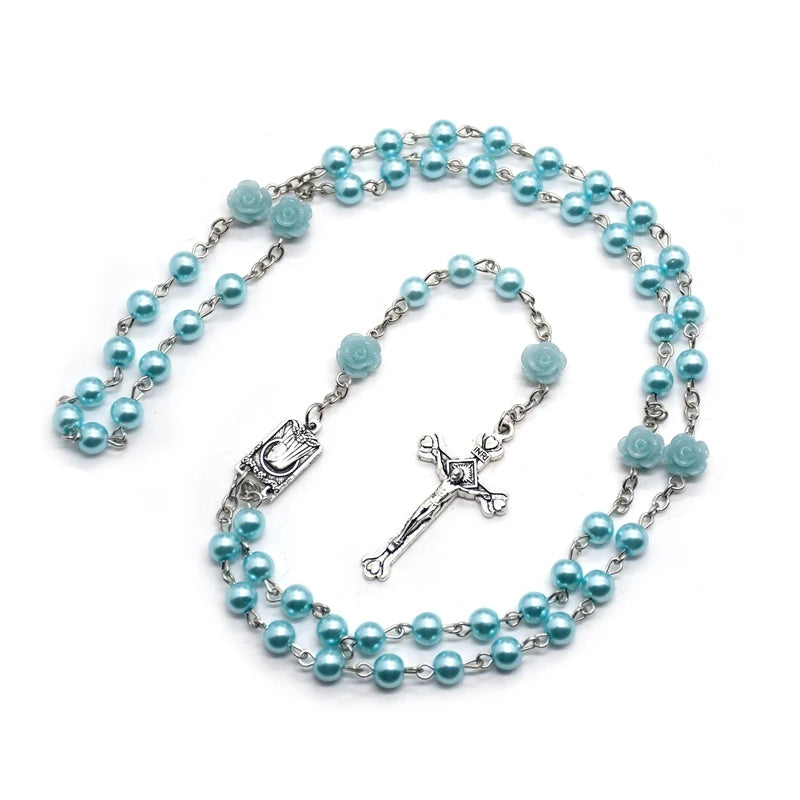 Rose Rosary Necklace with Pendant White Black Red