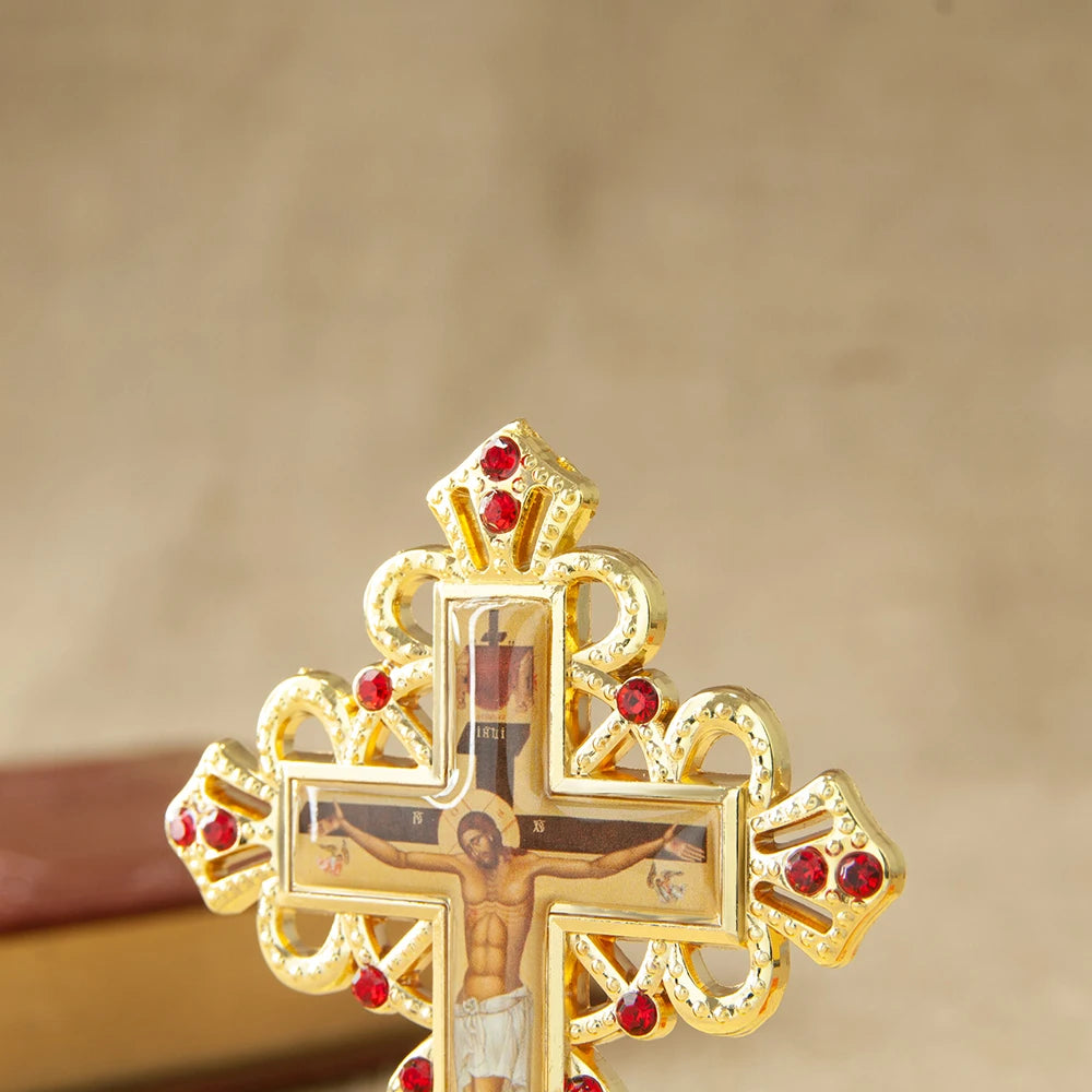 Metal Jesus Icon Crucifix Orthodox Table Cross With Stand