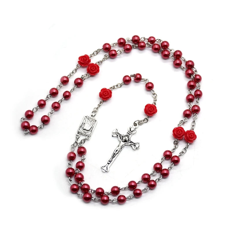 Rose Rosary Necklace with Pendant White Black Red