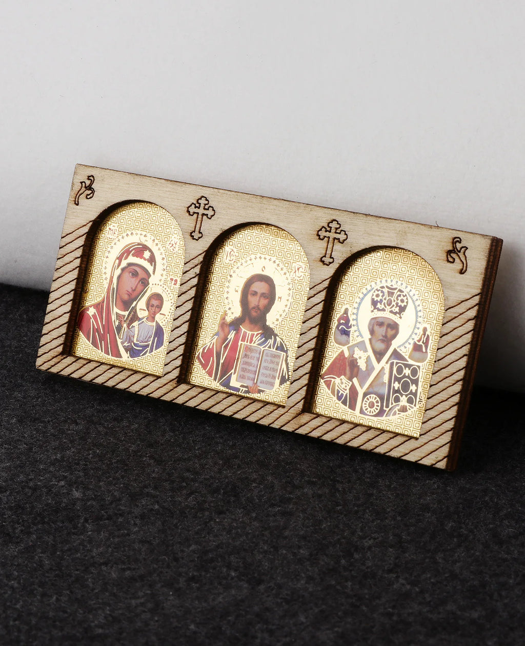 Stickable Orthodox Triple Holy Icon Theotokos Pantocrator Jesus St.Nicholas