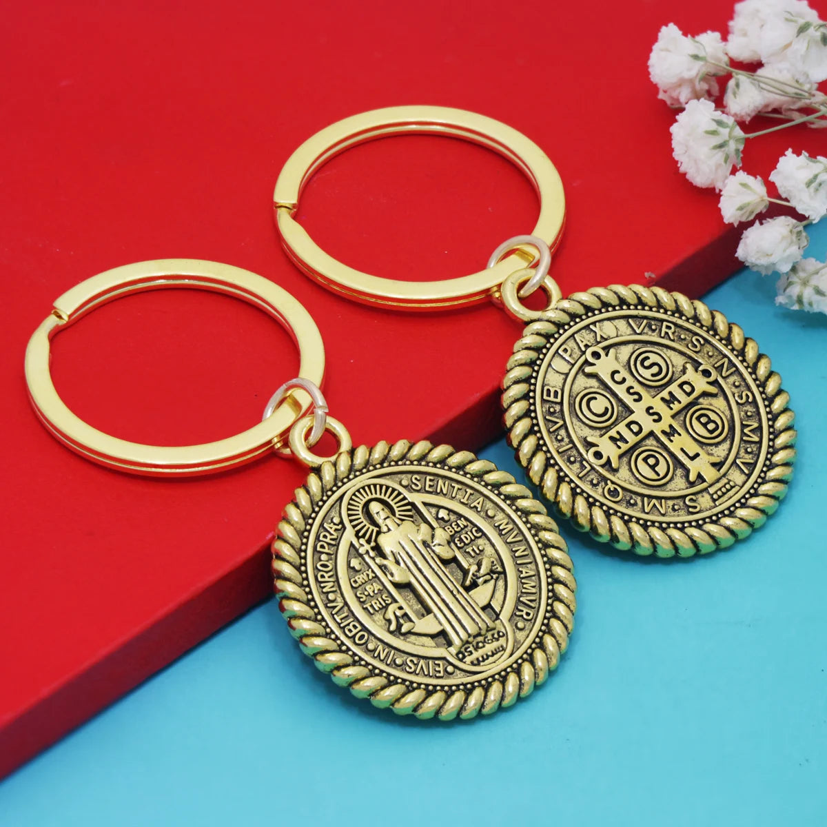 2PCS 2.64INCHES St Benedict Medal Keychains Key Rings 3 colors
