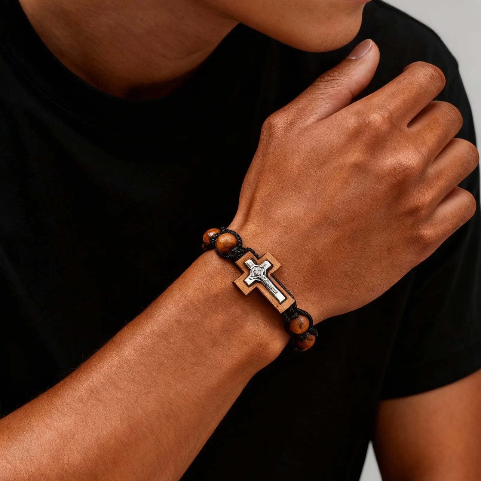 Beaded Bracelets for Men, Brown Wooden Bead Adjustable Woven Rosary