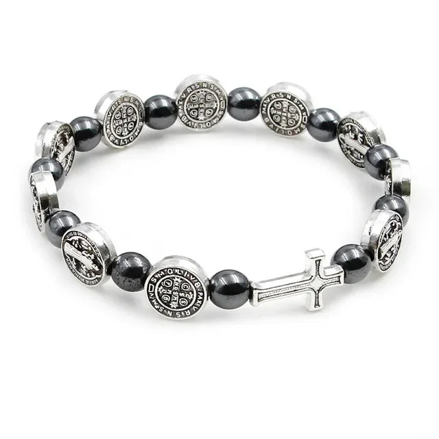 St Benedict Hematite Rosary Bracelet Elastic