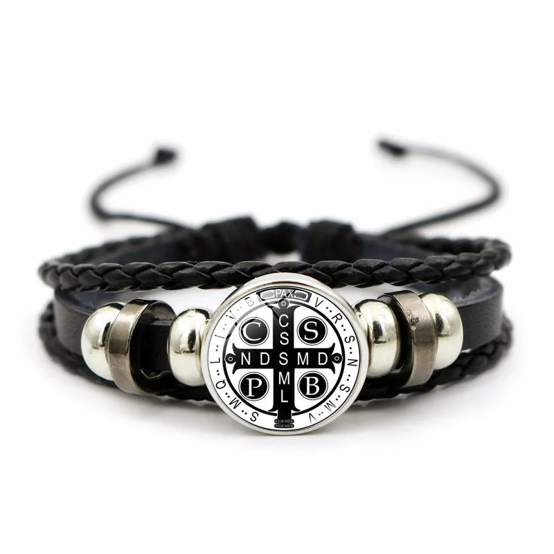 Saint Benedict Medal Leather Bracelet Catholic San Benito Glass Dome