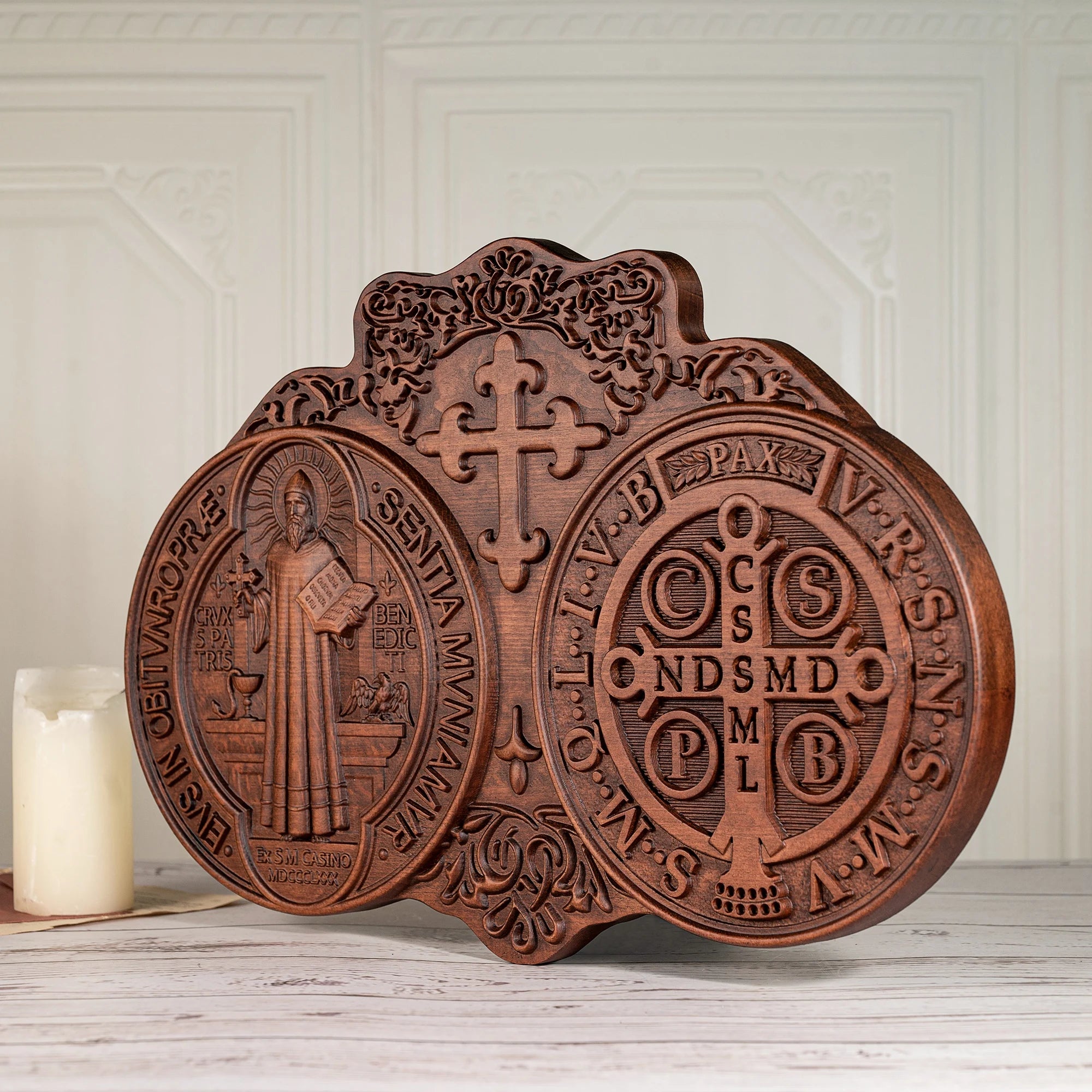 Saint Benedict medal , Exorcism plaque,  wood carving wall decoration