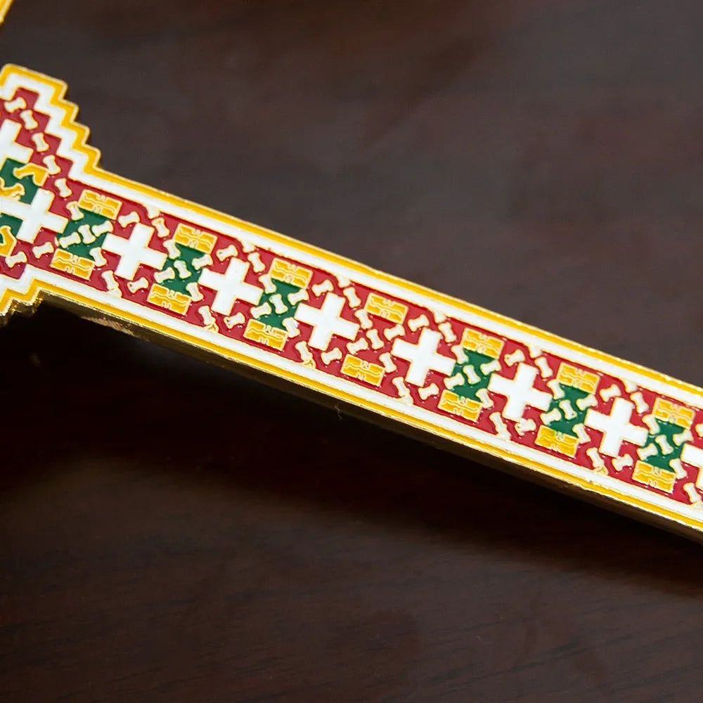 Byzantine Orthodox Gold Plated Crucifix Red Green Enamel Inlay