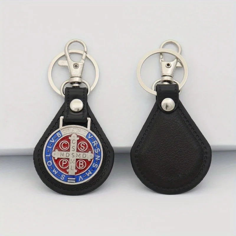 2pcs PU Leather St Benedict Pendant Key Chain Keyring