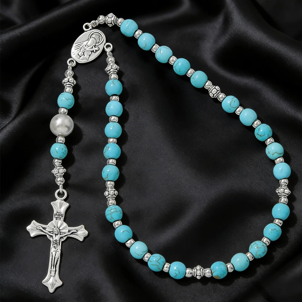 Vintage Cross Religious Rosary Beads Chain Jesus Crucifix Virgin Mary Pendant Chain Jewelry Religious Prayer Beads Bracelet