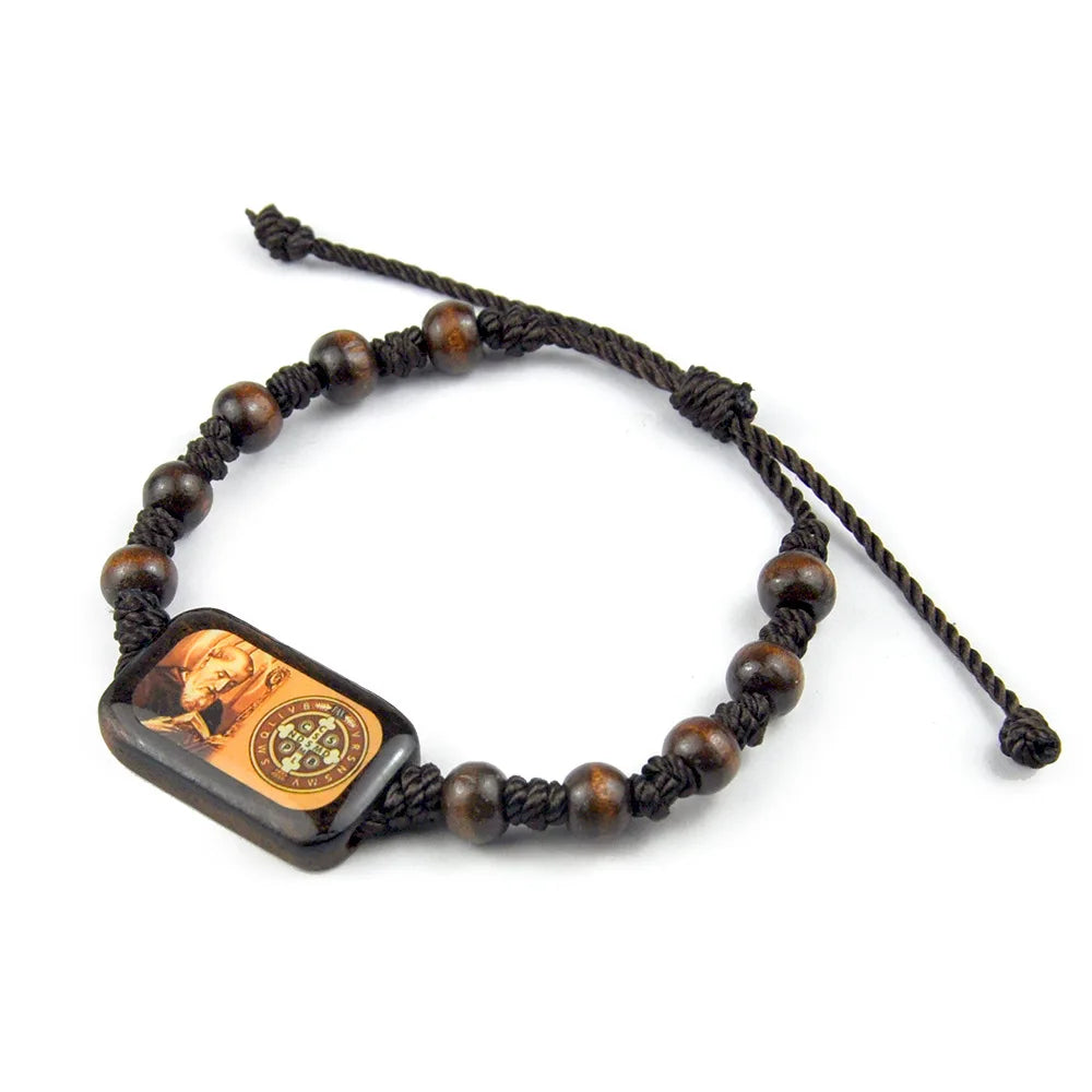 Wood Rosary Bracelet with Beautiful Square Colorful Icons