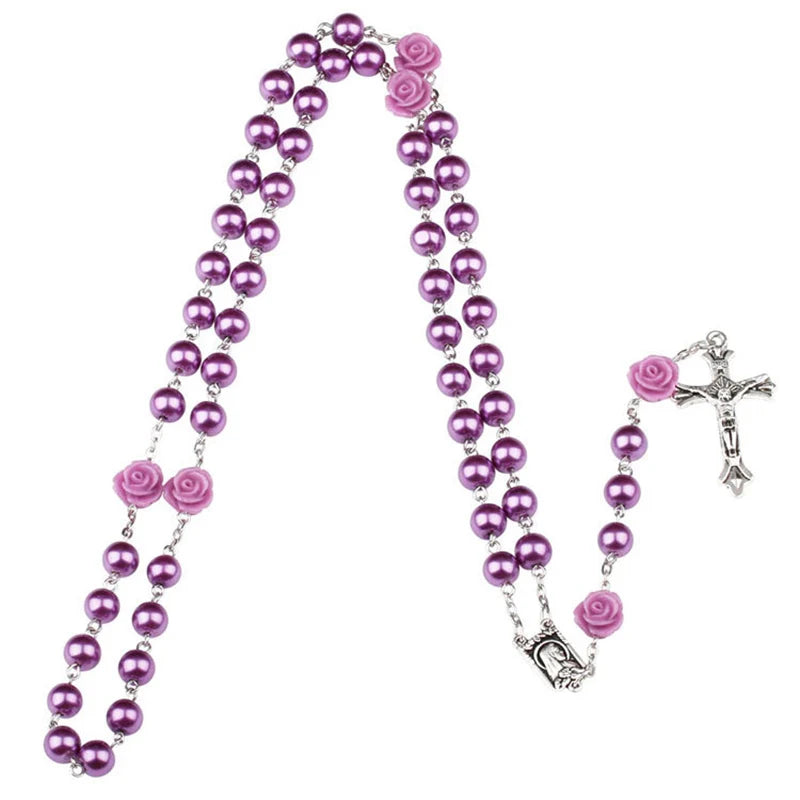 Purple Glass Beaded Rosary With Roses
