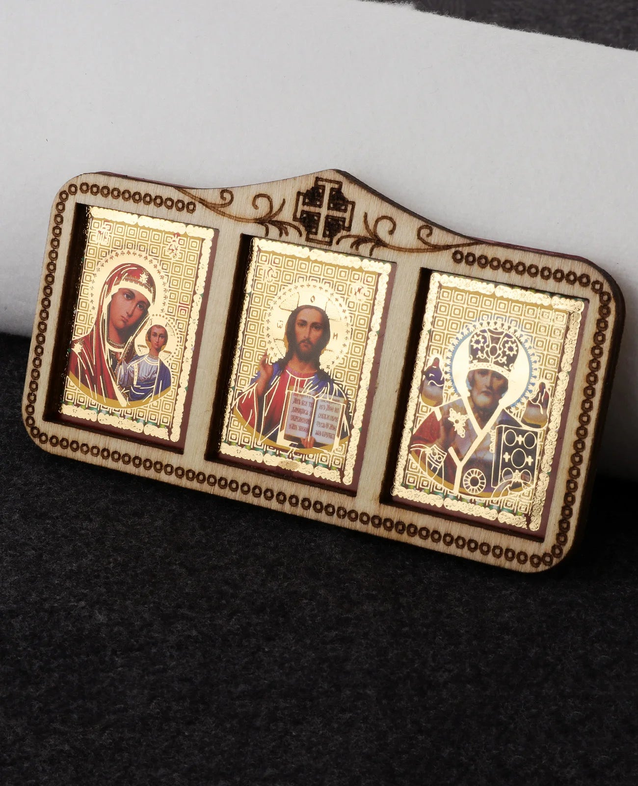 Stickable Orthodox Triple Holy Icon Theotokos Pantocrator Jesus St.Nicholas