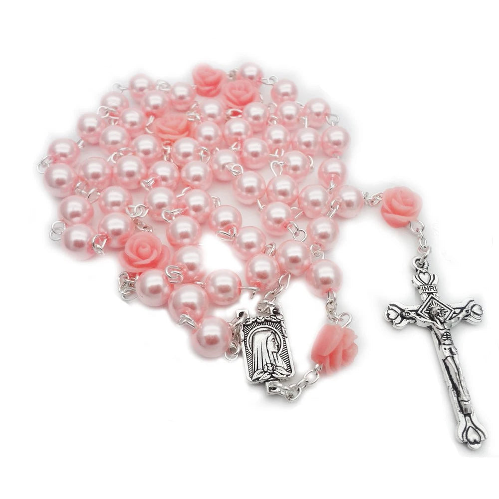 Rose Rosary Necklace with Pendant White Black Red