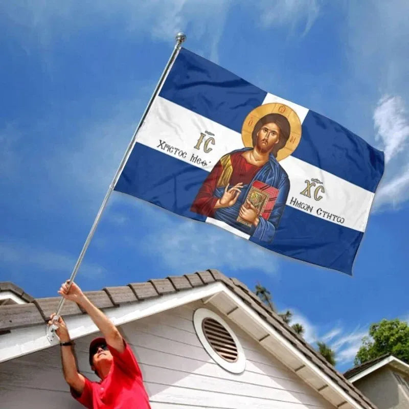 Orthodox Greek Jesus Christ Flag Polyester Banner with Grommets, Real Greek Icon Design