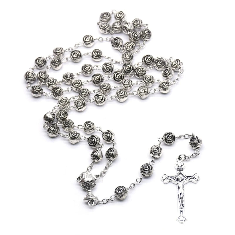 Rosary Necklace Silver color Plastic Rose Flowers Beads