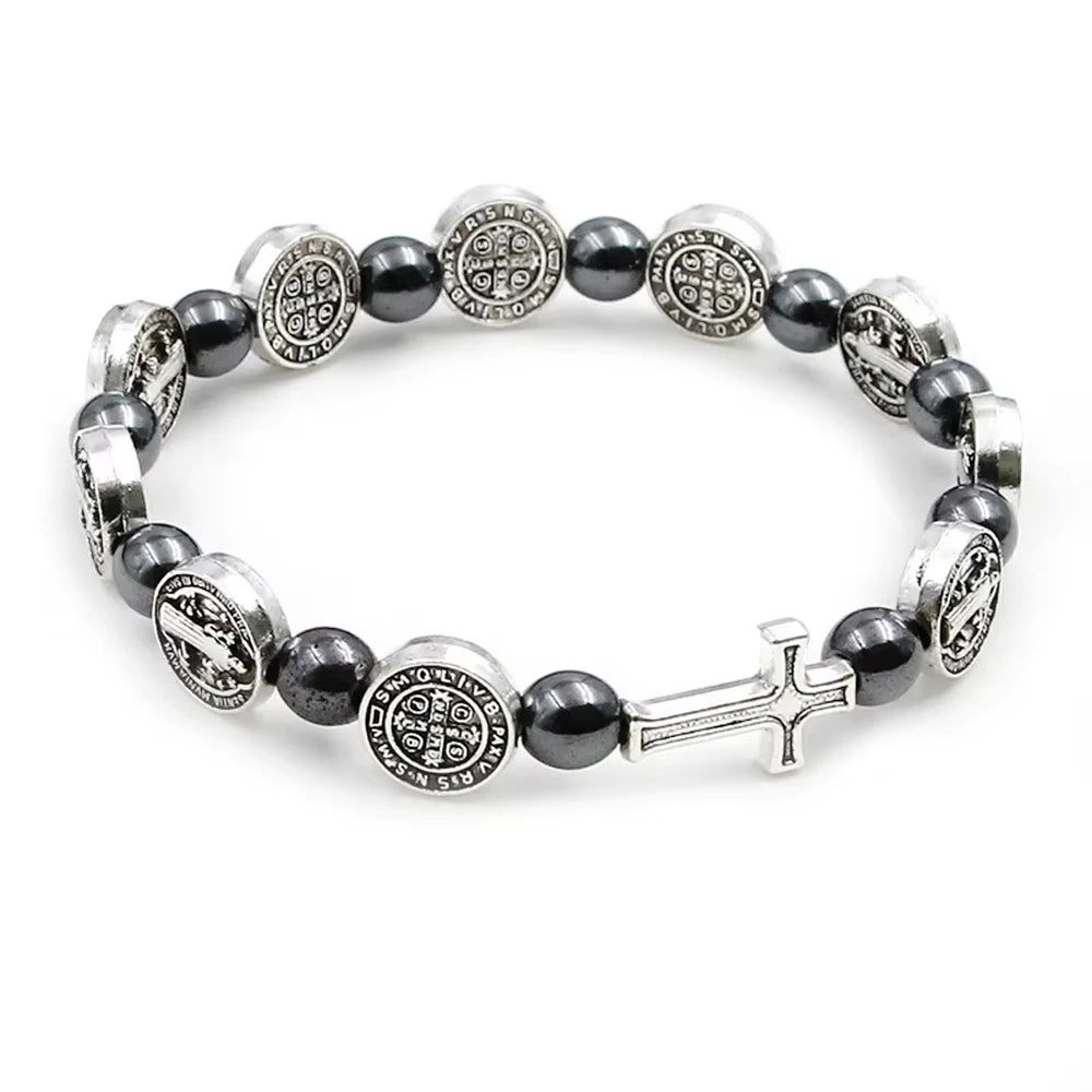 St. Benedict Medal Prayer Bracelets Hematite Beads