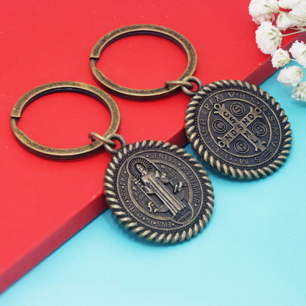 2PCS 2.64INCHES St Benedict Medal Keychains Key Rings 3 colors