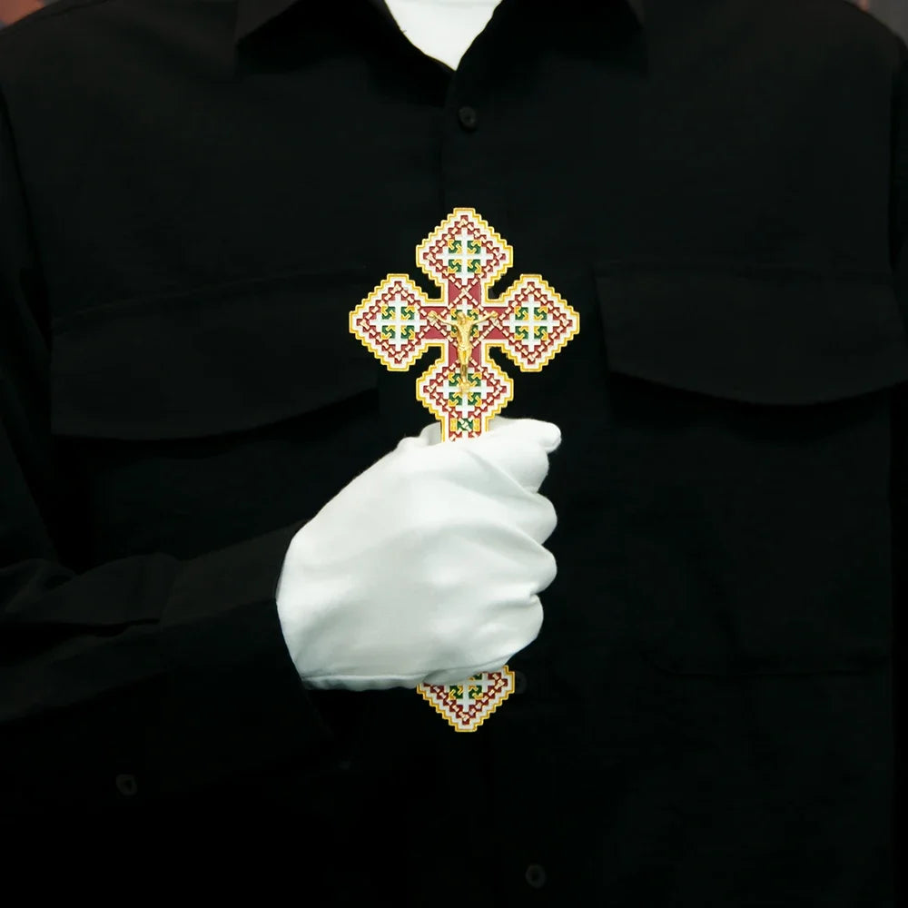 Byzantine Orthodox Gold Plated Crucifix Red Green Enamel Inlay