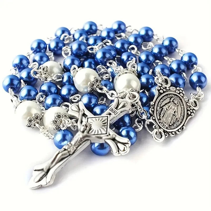 Glass Virgin Mary Cross Rosary Necklace Handmade Crochet Catholic Christ Church Utensils Baptism Prayer Rosary