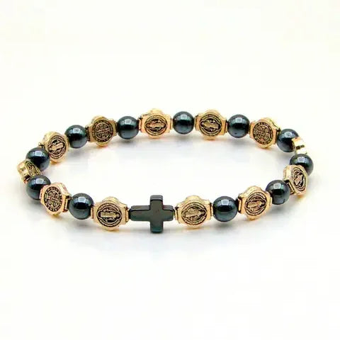 St Benedict Hematite Rosary Bracelet Elastic