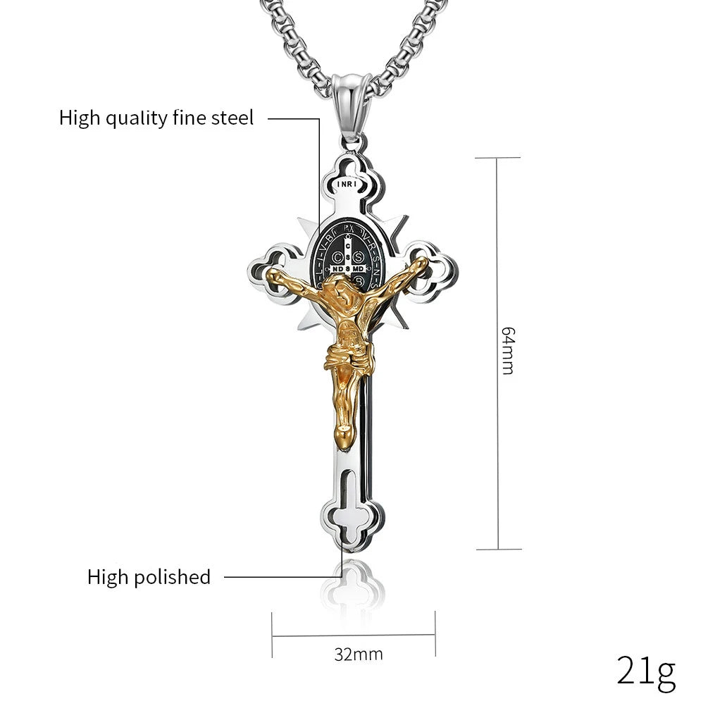 Stainless Steel St. Benedict Crucifix Pendants Necklace INRI