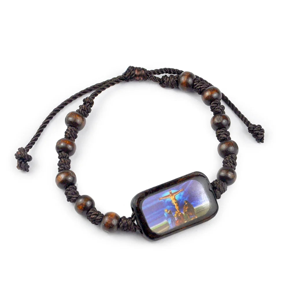 Wood Rosary Bracelet with Beautiful Square Colorful Icons