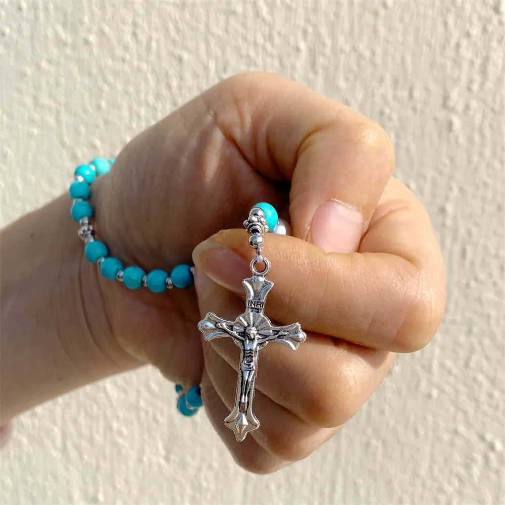 Vintage Cross Religious Rosary Beads Chain Jesus Crucifix Virgin Mary Pendant Chain Jewelry Religious Prayer Beads Bracelet