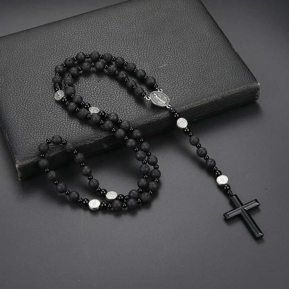 Volcanic Rock St Benedict Black Beaded Rosary for Men Or Women