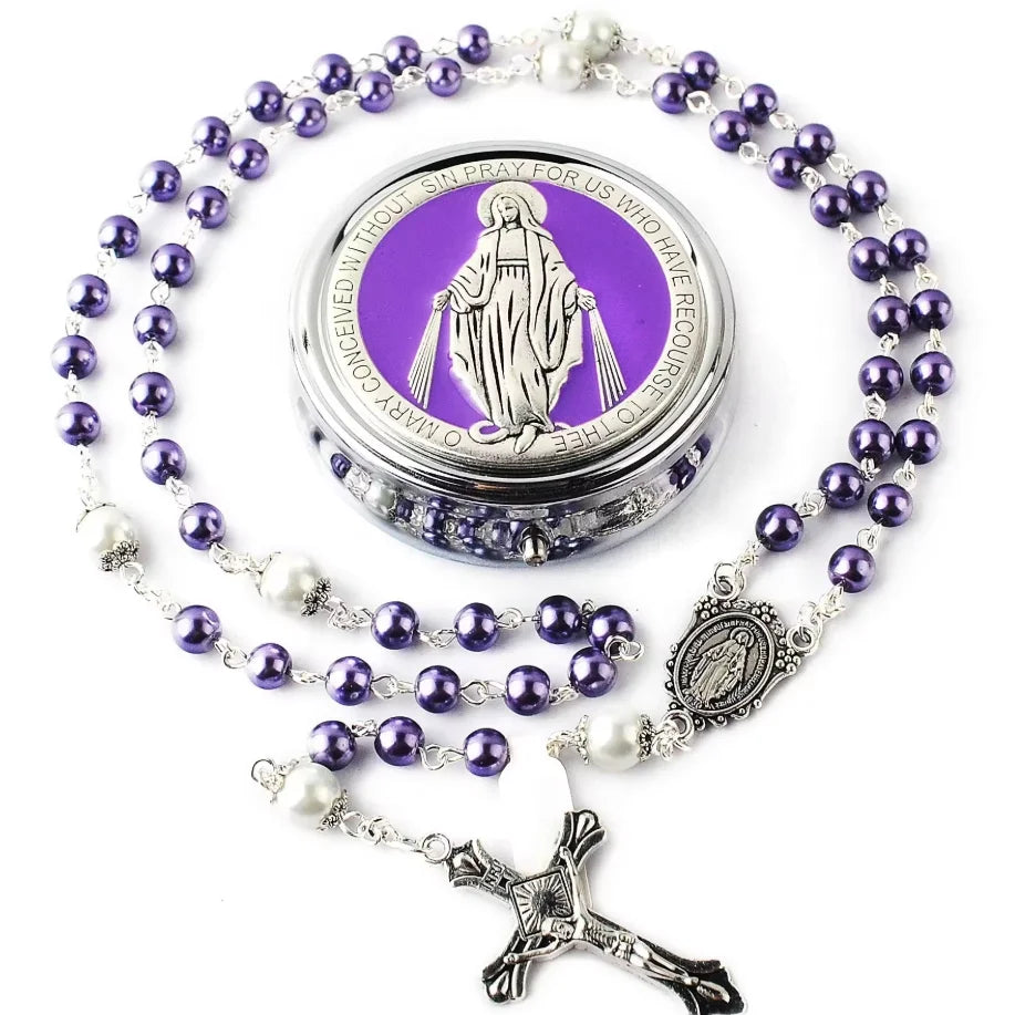 Glass Virgin Mary Cross Rosary Necklace Handmade Crochet Catholic Christ Church Utensils Baptism Prayer Rosary