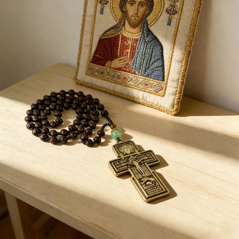 Traditional Eastern Orthodox Prayer Rope Dark Brown Wooden Beads Bronze Crucifix Pendant