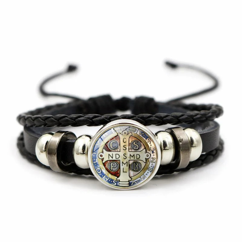 Saint Benedict Medal Leather Bracelet Catholic San Benito Glass Dome