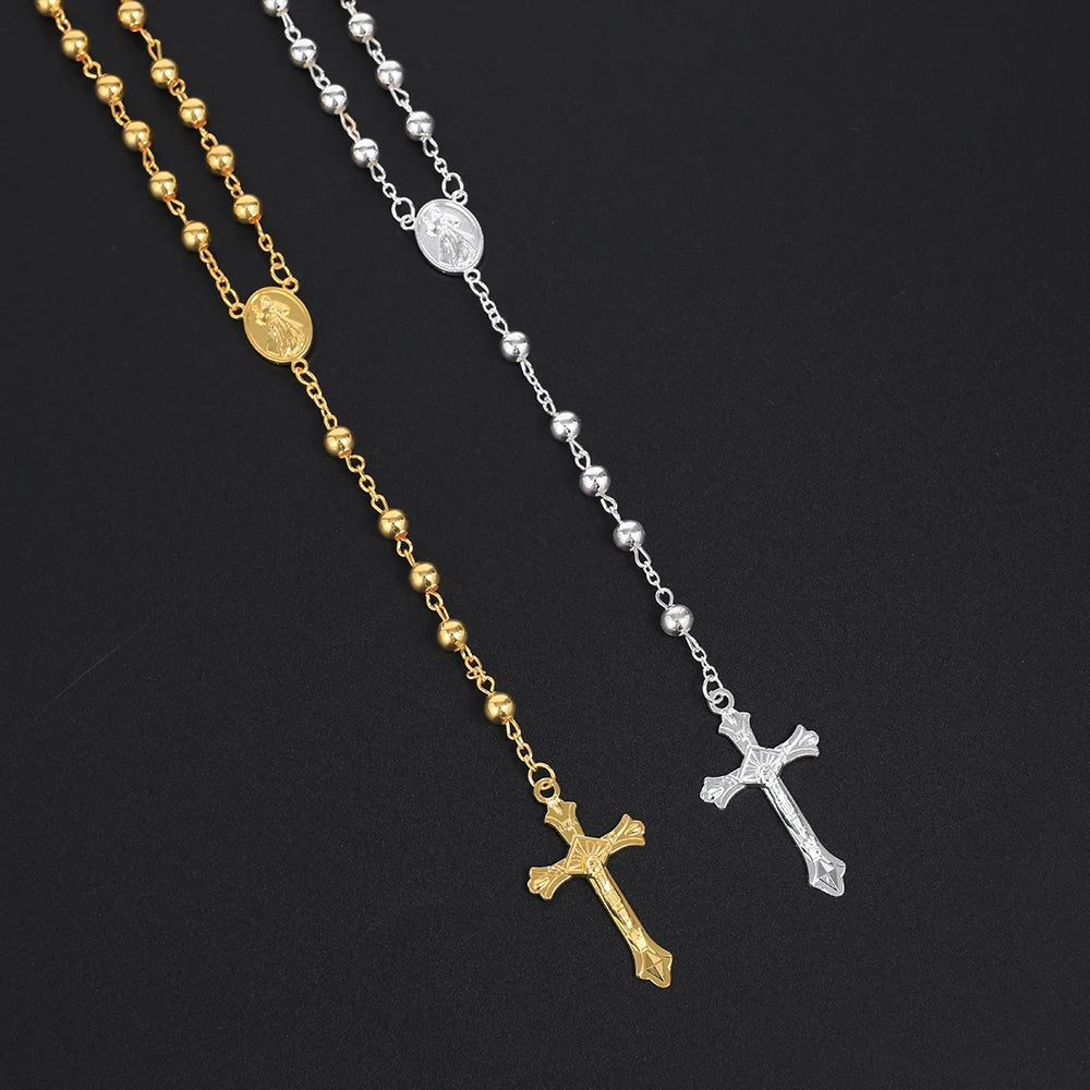 Gold Color Rosary Necklace  6MM Beads Crucifix Pendant