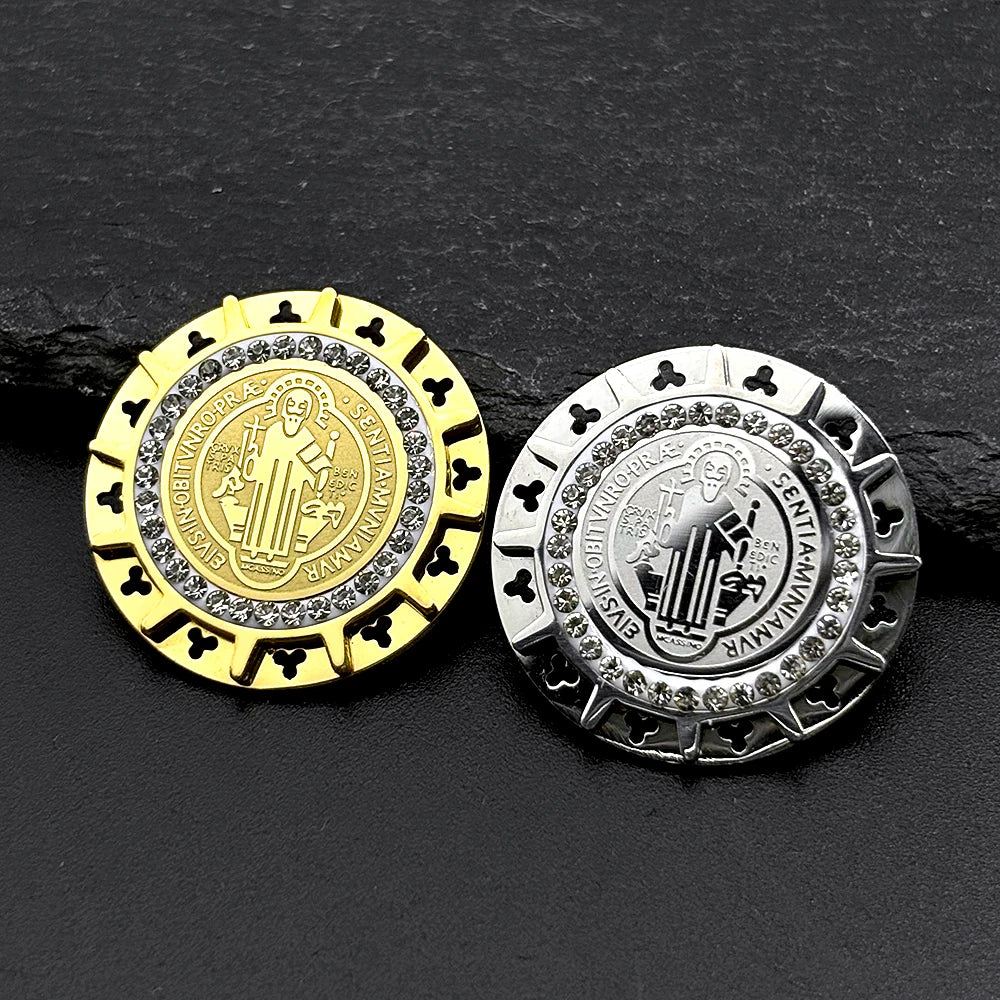Saint Benedict Medal Brooch Pins for Women Men Stainless Steel with gold color and Rhinestones