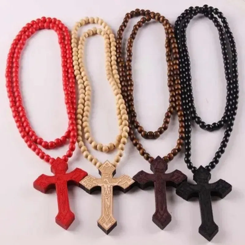 Wooden Beaded Rosary Necklace