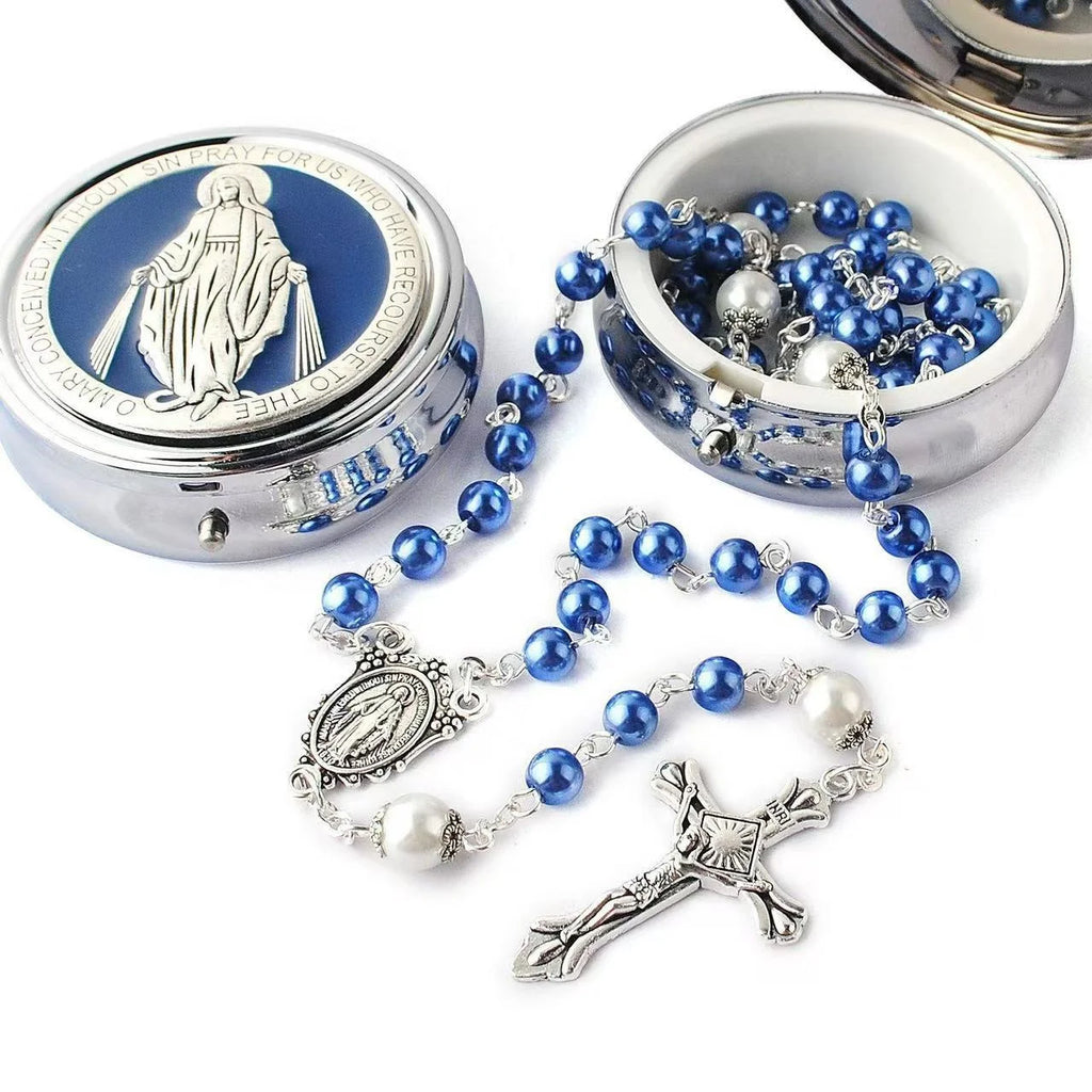 Glass Virgin Mary Cross Rosary Necklace Handmade Crochet Catholic Christ Church Utensils Baptism Prayer Rosary