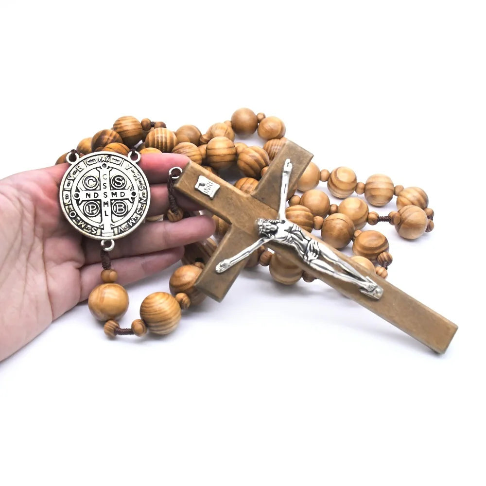 Large Wood Bead Crucifix With St Benedict Exorcism Medal